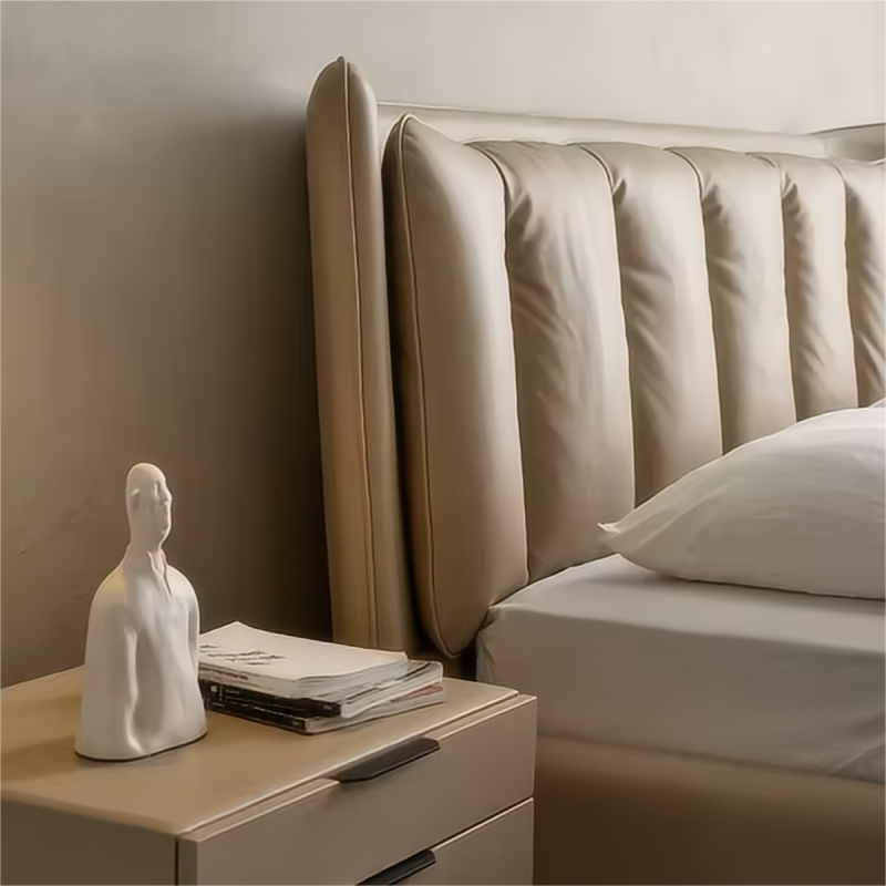 Luxurious Leather Bed With Double Upholstered Headboard