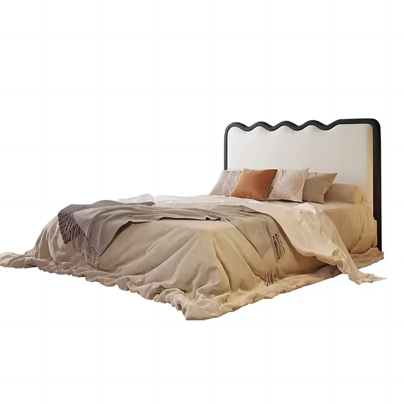 Retro Cream Luxury Soft Bed With Double Fabric Headboard