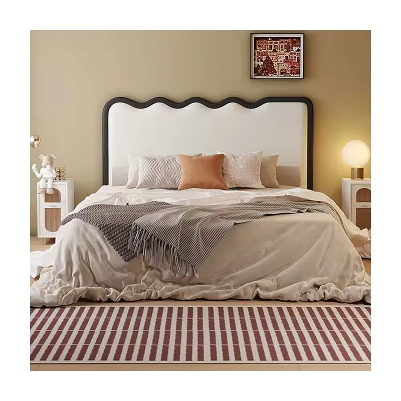 Retro Cream Luxury Soft Bed With Double Fabric Headboard