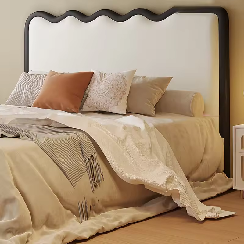 Retro Cream Luxury Soft Bed With Double Fabric Headboard