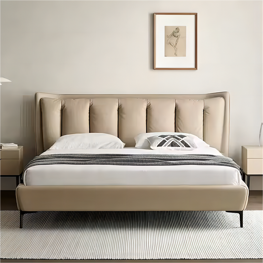 Luxurious Leather Bed With Double Upholstered Headboard