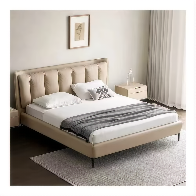 Luxurious Leather Bed With Double Upholstered Headboard