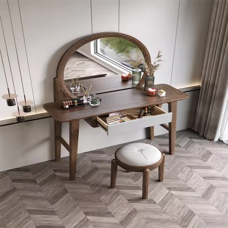 Dark Oak Wood Dressing Table With Mirror