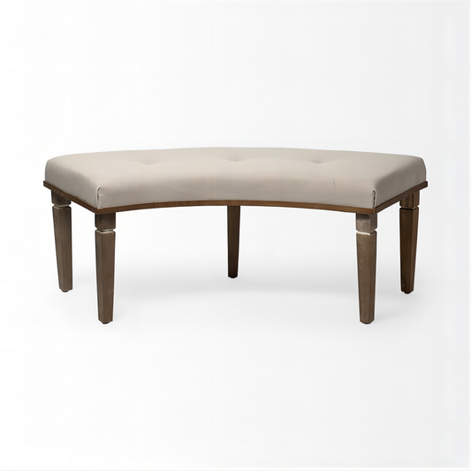 Curved Beige Upholstered Wooden Bench